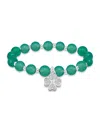 Macy's Silver Plated Beaded Clover Charm Stretch Bracelet In Green Agate,silver