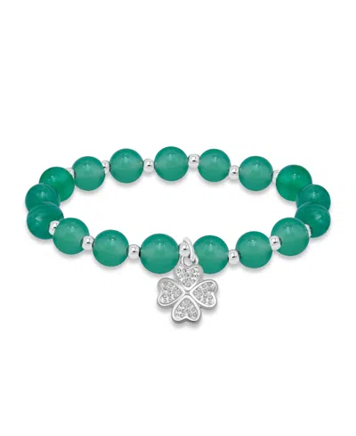 Macy's Silver Plated Beaded Clover Charm Stretch Bracelet In Green Agate,silver