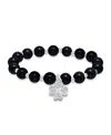 Macy's Silver Plated Beaded Clover Charm Stretch Bracelet In Onyx,silver