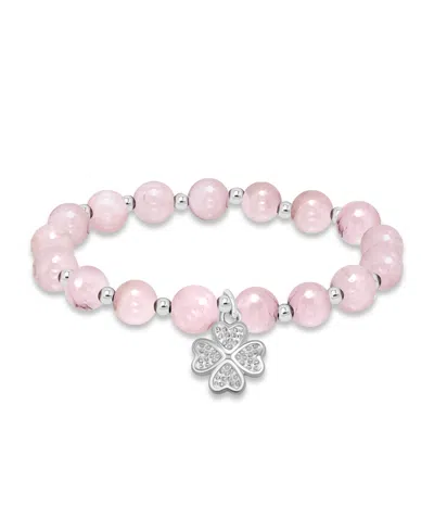 Macy's Silver Plated Beaded Clover Charm Stretch Bracelet In Rose Quartz,silver