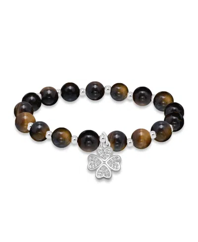 Macy's Silver Plated Beaded Clover Charm Stretch Bracelet In Tigers Eye,silver