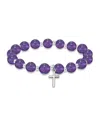 Macy's Silver Plated Beaded Cross Charm Stretch Bracelet In Amethyst,silver