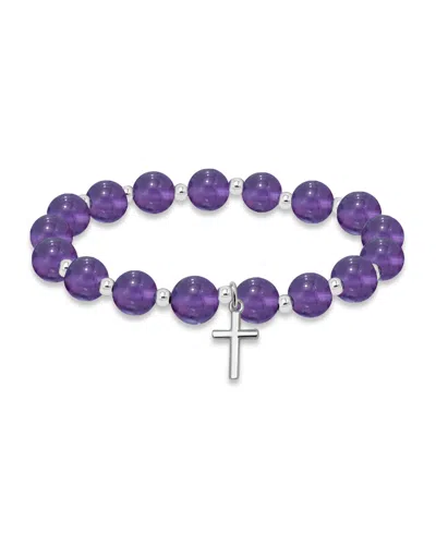 Macy's Silver Plated Beaded Cross Charm Stretch Bracelet In Amethyst,silver