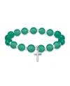 Macy's Silver Plated Beaded Cross Charm Stretch Bracelet In Green Agate,silver