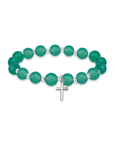 Macy's Silver Plated Beaded Cross Charm Stretch Bracelet In Green Agate,silver