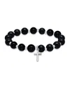 Macy's Silver Plated Beaded Cross Charm Stretch Bracelet In Onyx,silver
