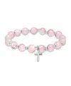 Macy's Silver Plated Beaded Cross Charm Stretch Bracelet In Rose Quartz,silver