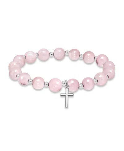 Macy's Silver Plated Beaded Cross Charm Stretch Bracelet In Rose Quartz,silver