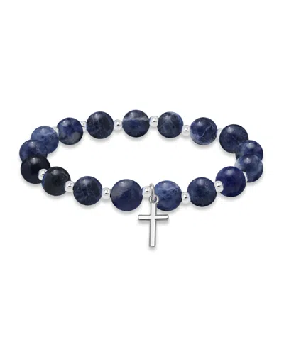 Macy's Silver Plated Beaded Cross Charm Stretch Bracelet In Sodalite,silver