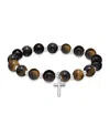 Macy's Silver Plated Beaded Cross Charm Stretch Bracelet In Tigers Eye,silver