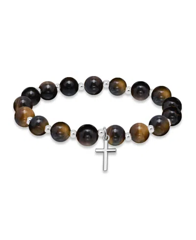 Macy's Silver Plated Beaded Cross Charm Stretch Bracelet In Tigers Eye,silver