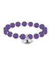 Macy's Silver Plated Beaded Evil Eye Charm Stretch Bracelet In Amethyst,silver