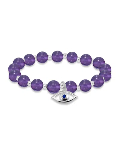 Macy's Silver Plated Beaded Evil Eye Charm Stretch Bracelet In Amethyst,silver