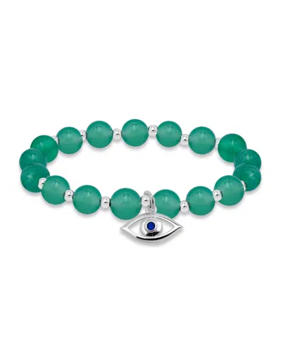 Macy's Silver Plated Beaded Evil Eye Charm Stretch Bracelet In Green Agate,silver