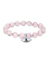Macy's Silver Plated Beaded Evil Eye Charm Stretch Bracelet In Rose Quartz,silver