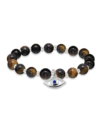 Macy's Silver Plated Beaded Evil Eye Charm Stretch Bracelet In Tigers Eye,silver