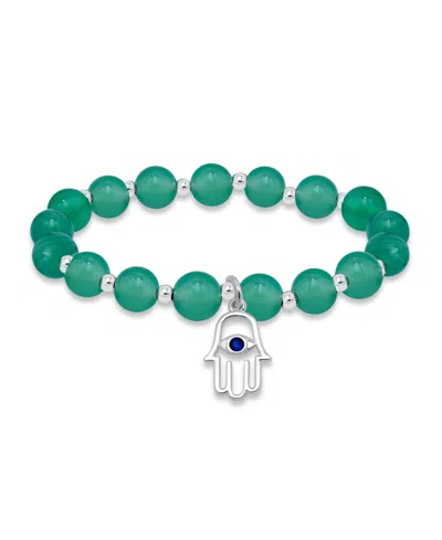 Macy's Silver Plated Beaded Hamsa Hand Charm Stretch Bracelet In Green Agate,silver