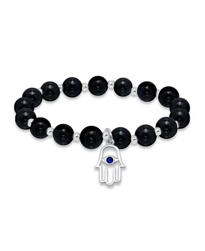 Macy's Silver Plated Beaded Hamsa Hand Charm Stretch Bracelet In Onyx,silver