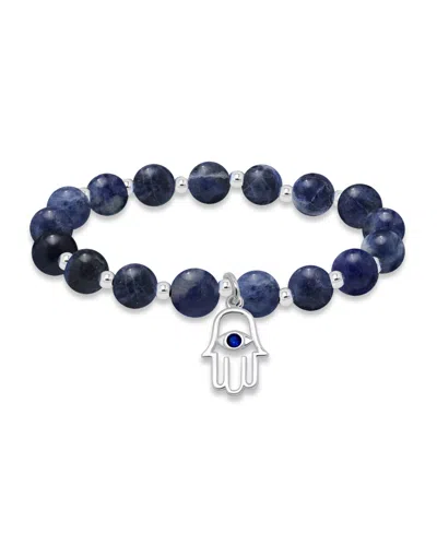 Macy's Silver Plated Beaded Hamsa Hand Charm Stretch Bracelet In Sodalite,silver