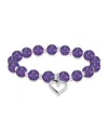 Macy's Silver Plated Beaded Heart Charm Stretch Bracelet In Amethyst,silver