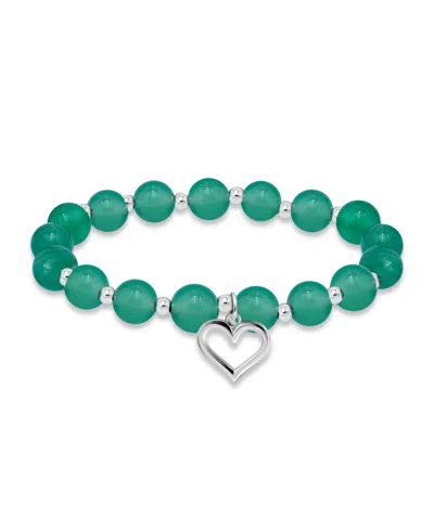 Macy's Silver Plated Beaded Heart Charm Stretch Bracelet In Green Agate,silver