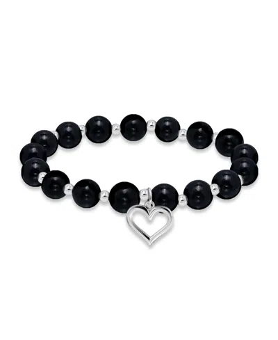 Macy's Silver Plated Beaded Heart Charm Stretch Bracelet In Onyx,silver