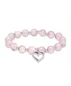 Macy's Silver Plated Beaded Heart Charm Stretch Bracelet In Rose Quartz,silver