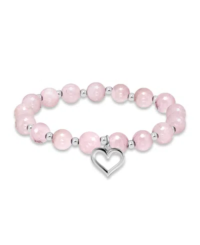 Macy's Silver Plated Beaded Heart Charm Stretch Bracelet In Rose Quartz,silver
