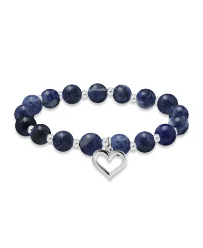 Macy's Silver Plated Beaded Heart Charm Stretch Bracelet In Sodalite,silver