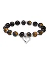 Macy's Silver Plated Beaded Heart Charm Stretch Bracelet In Tigers Eye,silver
