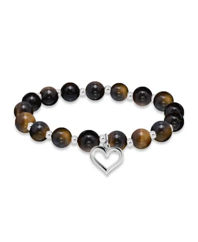 Macy's Silver Plated Beaded Heart Charm Stretch Bracelet In Tigers Eye,silver