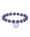 Macy's Silver Plated Beaded Lotus Charm Stretch Bracelet In Amethyst,silver