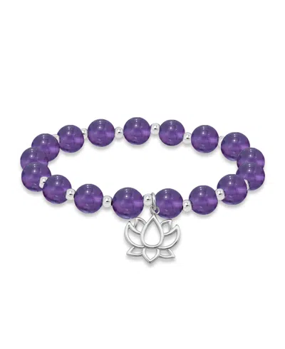 Macy's Silver Plated Beaded Lotus Charm Stretch Bracelet In Amethyst,silver