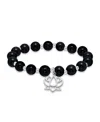 Macy's Silver Plated Beaded Lotus Charm Stretch Bracelet In Onyx,silver