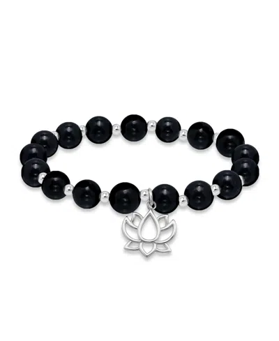 Macy's Silver Plated Beaded Lotus Charm Stretch Bracelet In Onyx,silver