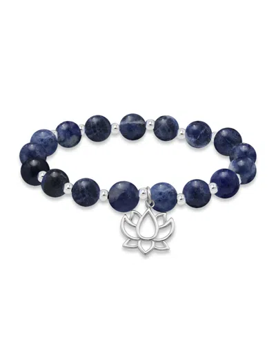Macy's Silver Plated Beaded Lotus Charm Stretch Bracelet In Sodalite,silver