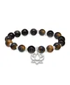 Macy's Silver Plated Beaded Lotus Charm Stretch Bracelet In Tigers Eye,silver