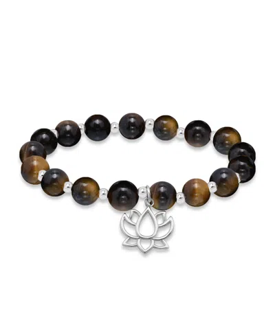 Macy's Silver Plated Beaded Lotus Charm Stretch Bracelet In Tigers Eye,silver