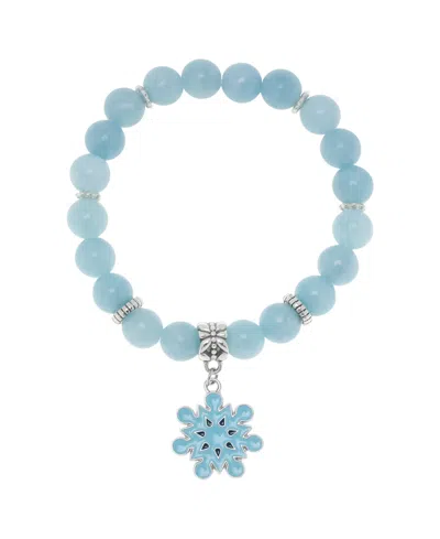 Macy's Silver Plated Beaded Snowflake Charm Stretch Bracelet In Silver-plated