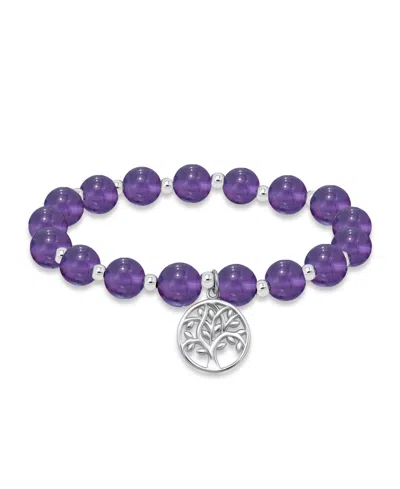Macy's Silver Plated Beaded Tree Of Life Charm Stretch Bracelet In Amethyst,silver