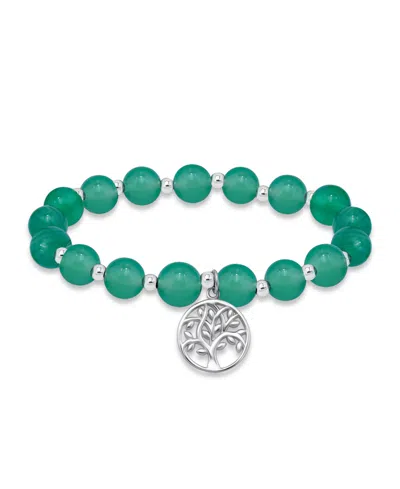 Macy's Silver Plated Beaded Tree Of Life Charm Stretch Bracelet In Green Agate,silver