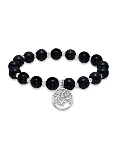 Macy's Silver Plated Beaded Tree Of Life Charm Stretch Bracelet In Onyx,silver