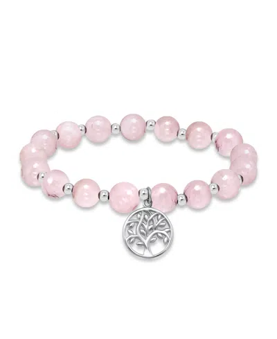 Macy's Silver Plated Beaded Tree Of Life Charm Stretch Bracelet In Rose Quartz,silver