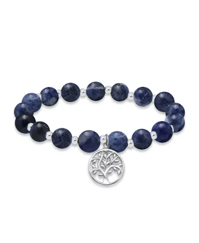Macy's Silver Plated Beaded Tree Of Life Charm Stretch Bracelet In Sodalite,silver