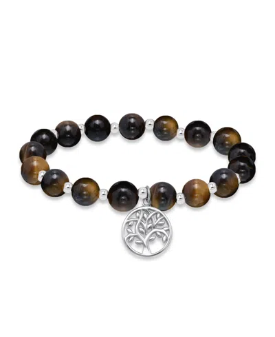 Macy's Silver Plated Beaded Tree Of Life Charm Stretch Bracelet In Tigers Eye,silver