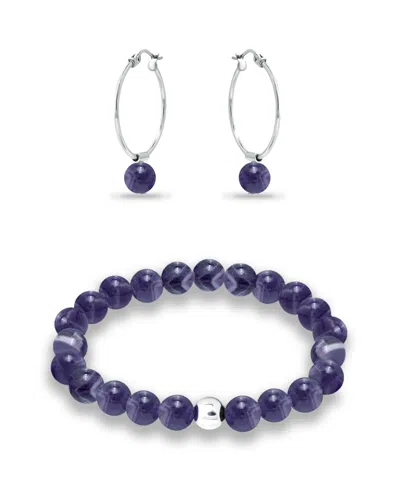 Macy's Silver Plated Multi Genuine Stone Bracelet And Earring, 2 Piece Set In Amethyst