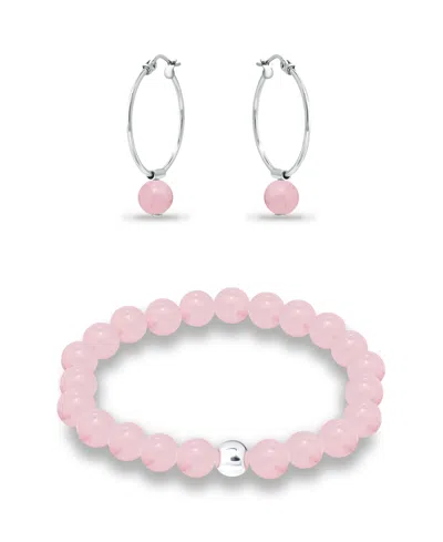 Macy's Silver Plated Multi Genuine Stone Bracelet And Earring, 2 Piece Set In Rose Quartz
