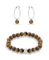 Macy's Silver Plated Multi Genuine Stone Bracelet And Earring, 2 Piece Set In Tigers Eye