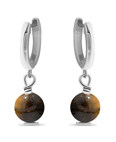 Macy's Silver Plated Multi Genuine Stone Huggie Hoop Earrings In Tigers Eye