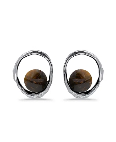 Macy's Silver Plated Multi Genuine Stone Stud Earrings In Tigers Eye